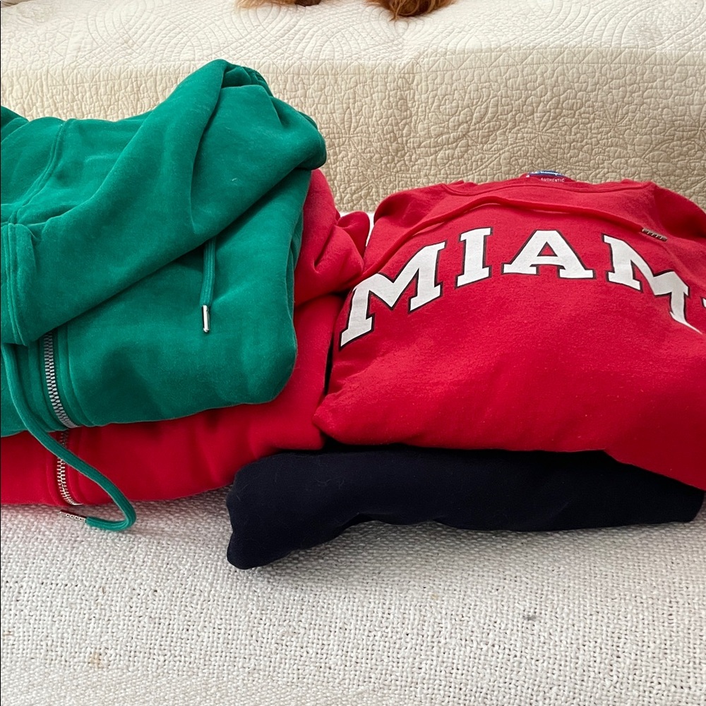 Red 'MIAMI' Pullover Sweatshirt with Green Zip Hoodie Stack